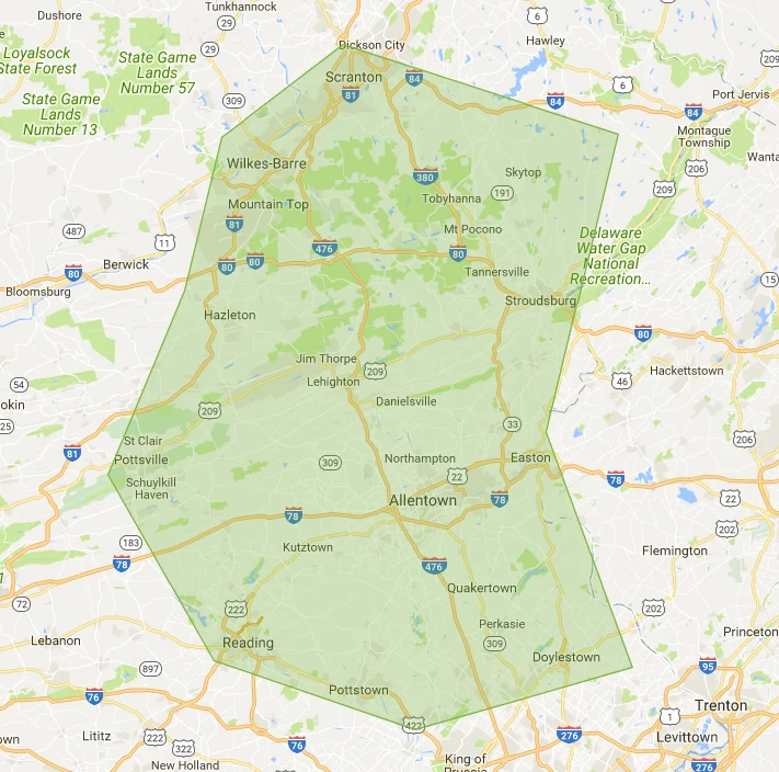 Kelley Electric service area map - Lehigh Valley PA