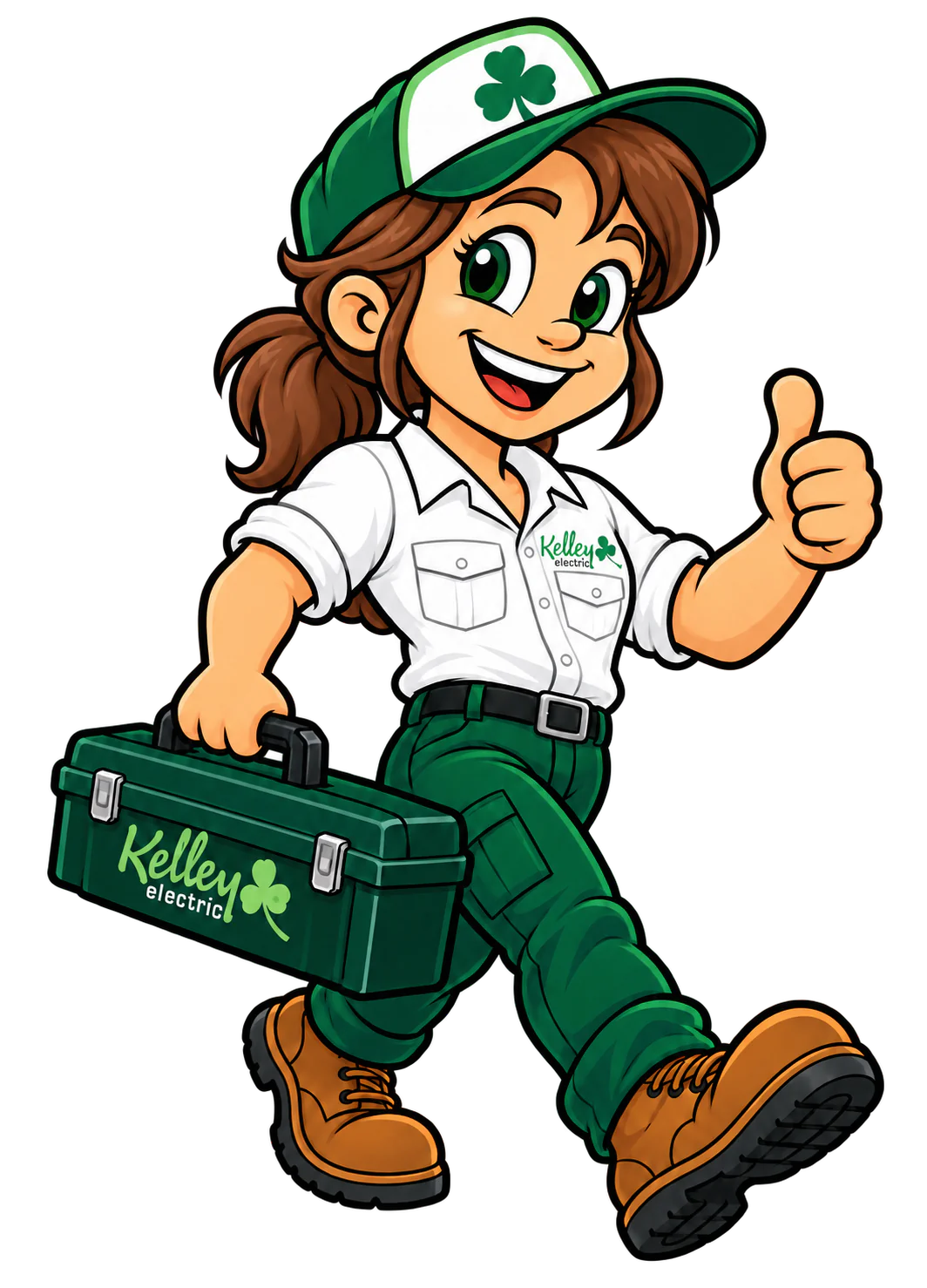 Kelley Electric mascot carrying a toolbox and giving a thumbs up