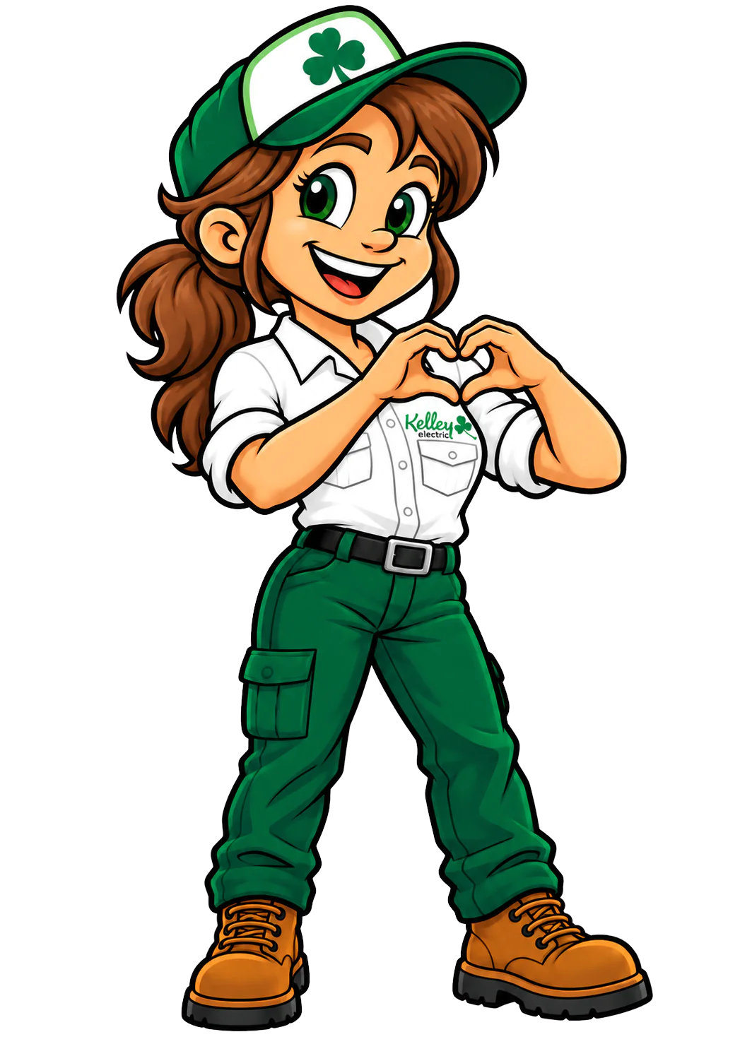Kelley, the Kelley Electric mascot, making a heart with her hands