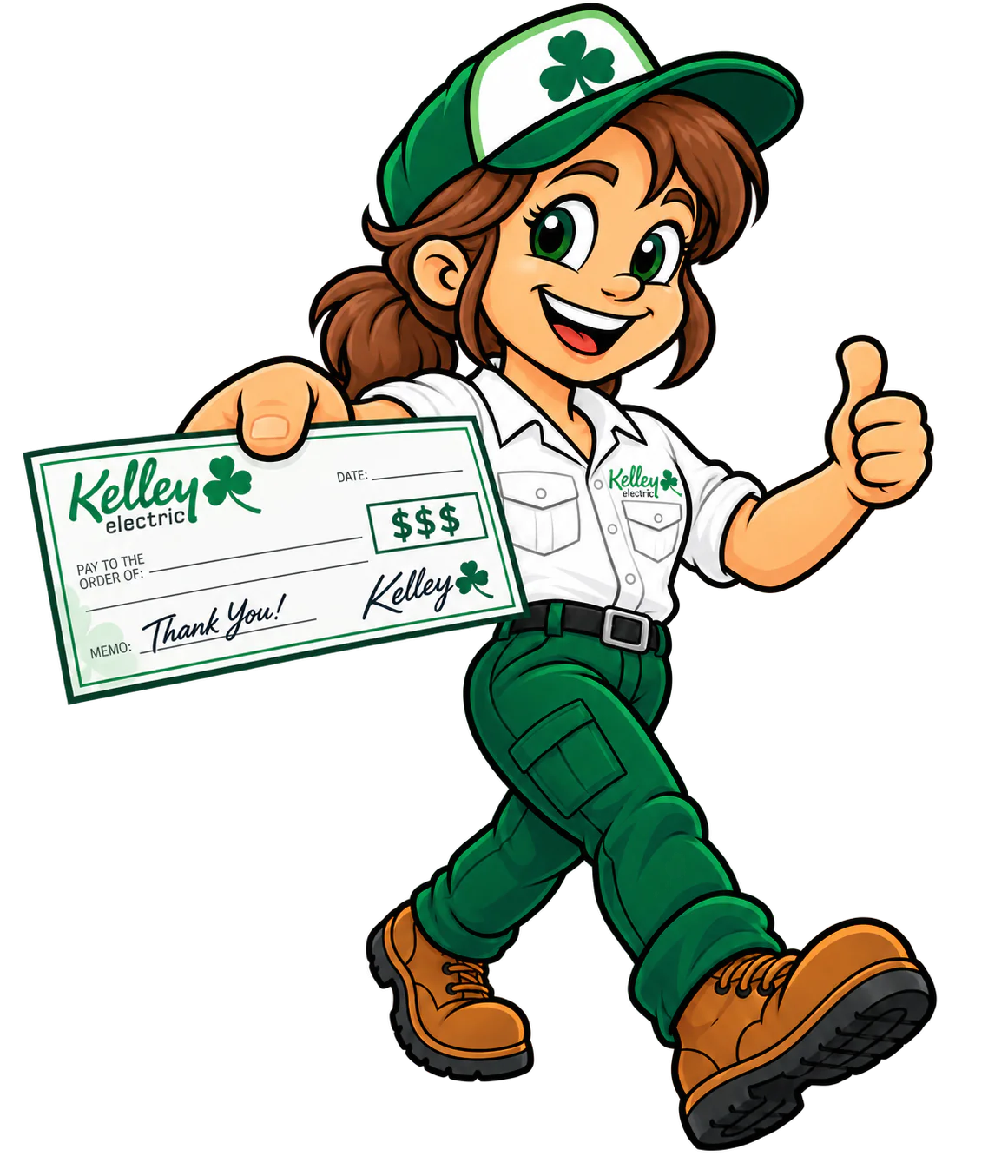 Kelley Electric mascot holding a $50 referral check
